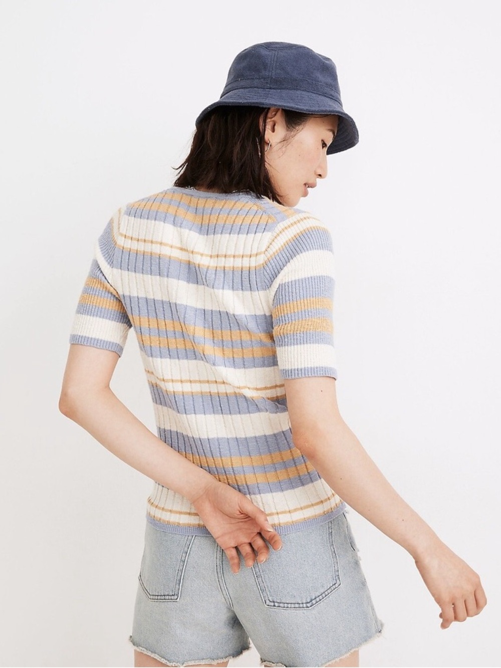 Madewell Glencrest Button-Front Sweater Tee Blue and Yellow Striped Knit XS - Picture 2 of 9